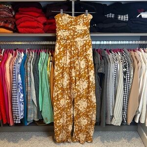 B•O•G Collective tan/cream strapless smocked 2 pocket jumpsuit size S